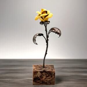Signed Hand Forged Metal Rose Sculpture Yellow Heat Painted Blacksmith Art 2019